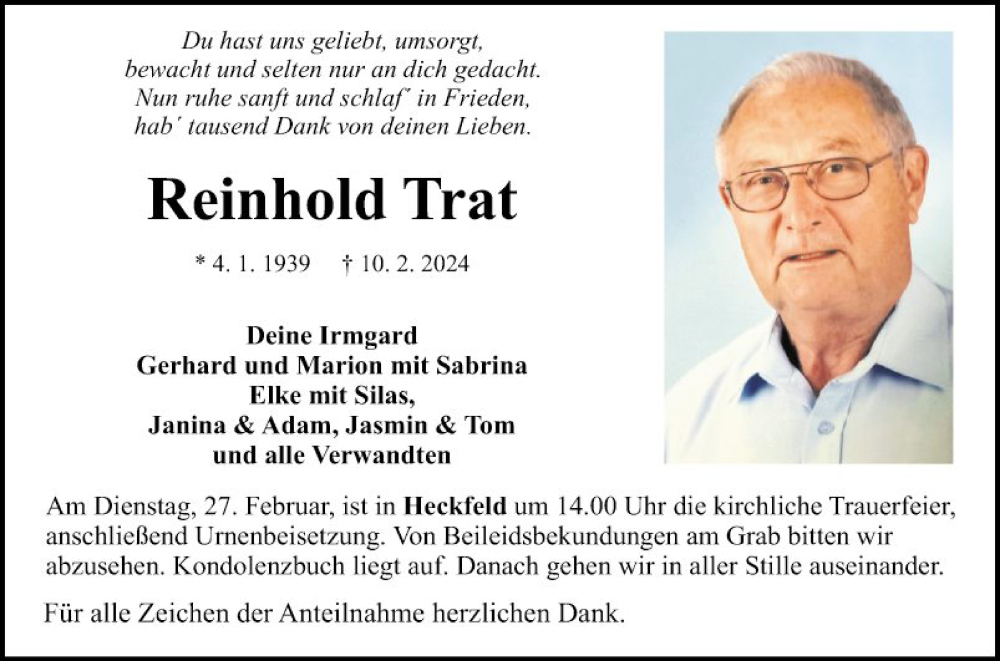  Traueranzeige für Reinhold Trat vom 21.02.2024 aus Fränkische Nachrichten