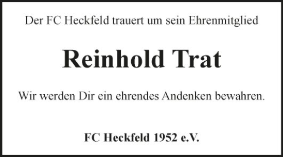 Traueranzeige von Reinhold Trat von Fränkische Nachrichten