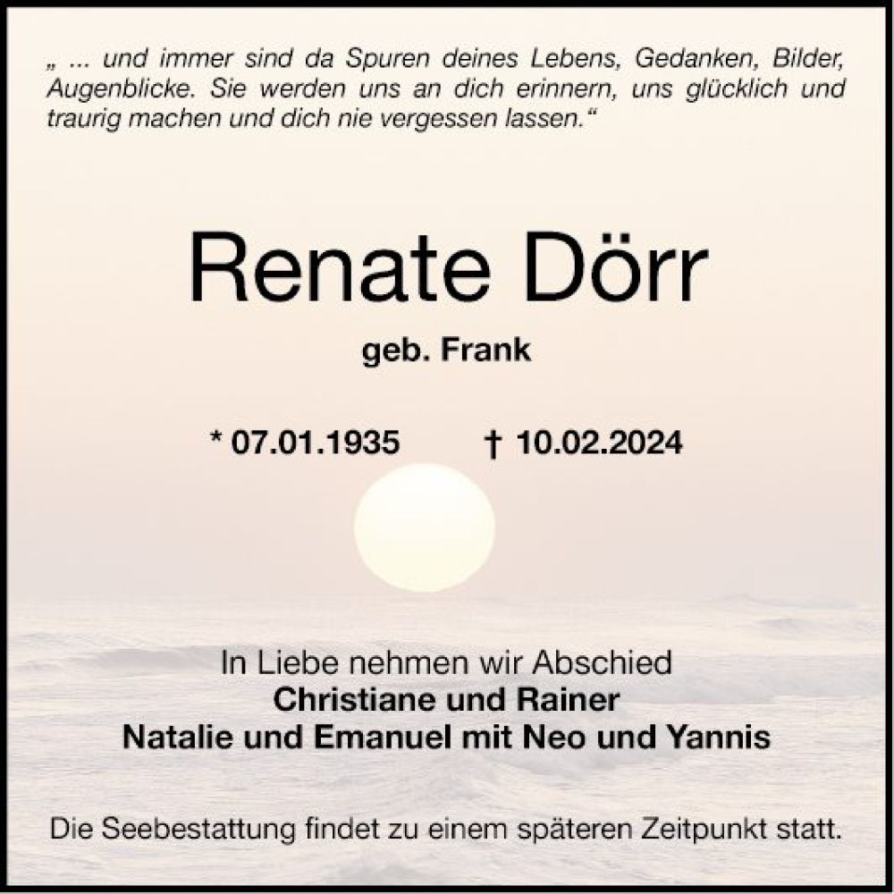  Traueranzeige für Renate Dörr vom 24.02.2024 aus Mannheimer Morgen
