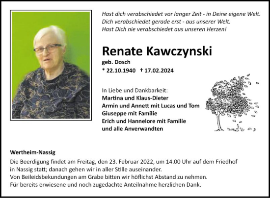 Traueranzeige von Renate Kawczynski von Fränkische Nachrichten