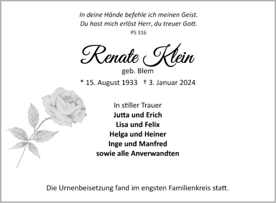 Traueranzeige von Renate Klein von Schwetzinger Zeitung