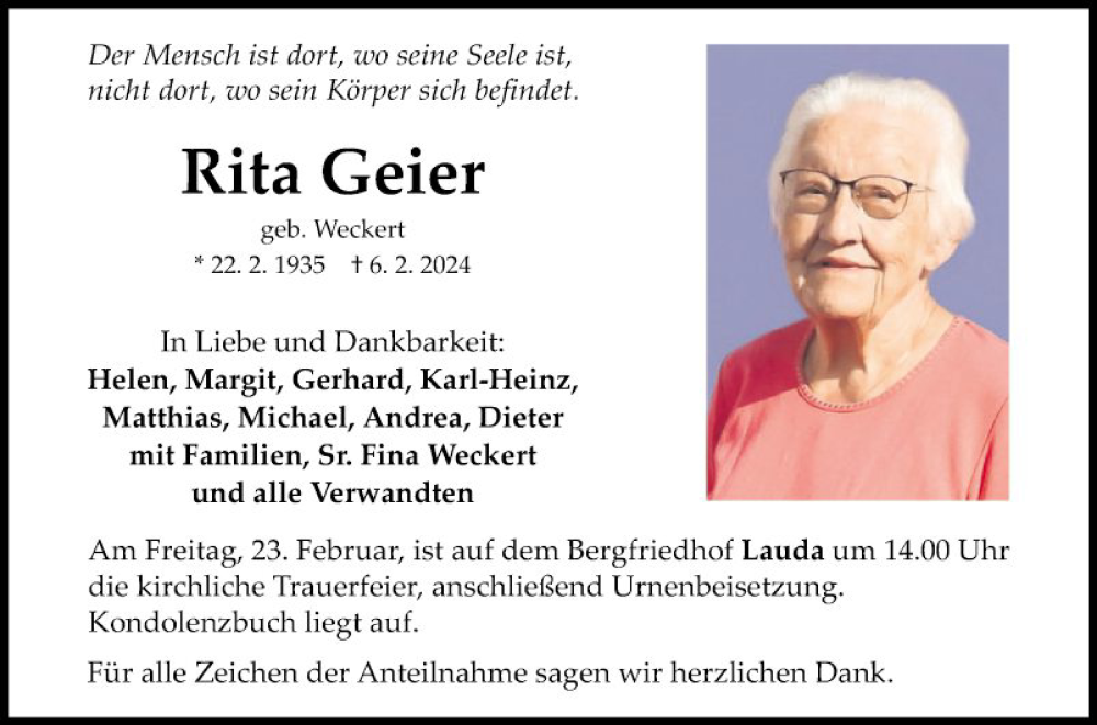 Traueranzeigen von Rita Geier | Trauerportal Ihrer Tageszeitung