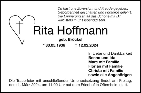 Traueranzeige von Rita Hoffmann von Schwetzinger Zeitung
