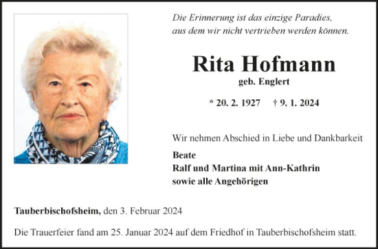 Traueranzeige von Rita Hofmann von Fränkische Nachrichten