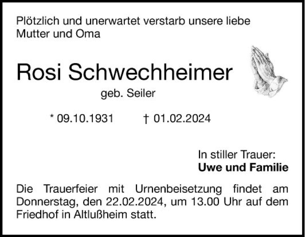  Traueranzeige für Rosi Schwechheimer vom 17.02.2024 aus Schwetzinger Zeitung