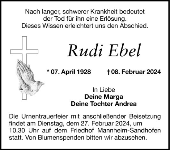 Traueranzeige von Rudi Ebel von Mannheimer Morgen