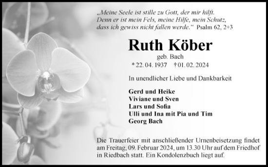 Traueranzeige von Ruth Körber von Fränkische Nachrichten