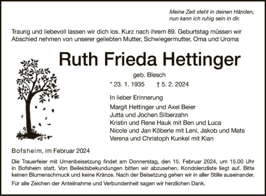 Traueranzeige von Ruth Frieda Hettinger von Fränkische Nachrichten