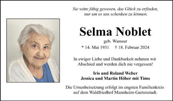 Traueranzeige von Selma Noblet von Mannheimer Morgen