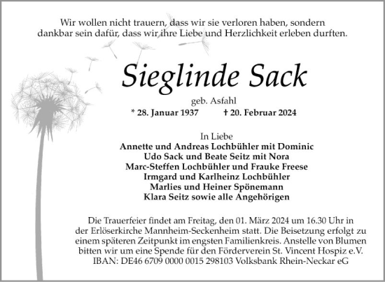 Traueranzeige von Sieglinde Sack von Mannheimer Morgen
