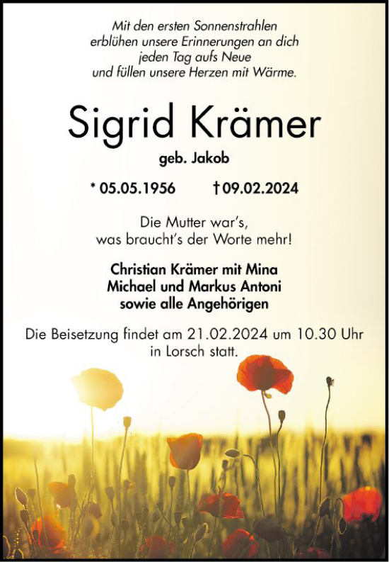 Traueranzeige von Sigrid Krämer von Bergsträßer Anzeiger