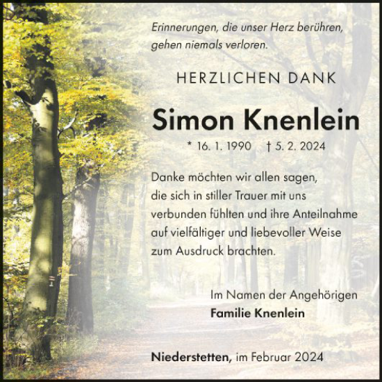 Traueranzeige von Simon Knenlein von Fränkische Nachrichten