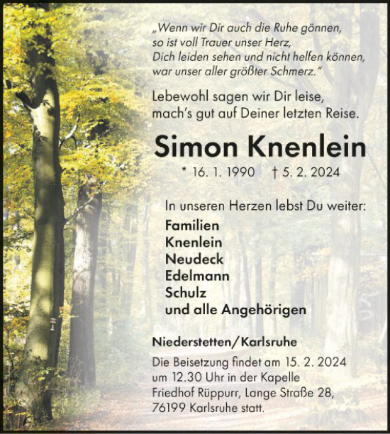 Traueranzeige von Simon Knenlein von Fränkische Nachrichten