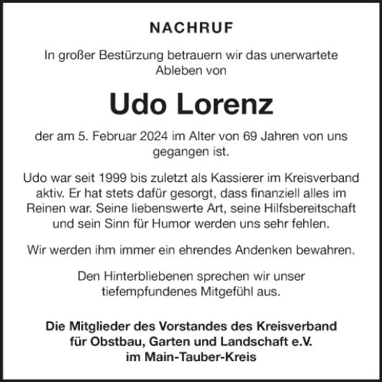 Traueranzeige von Udo Lorenz von Fränkische Nachrichten