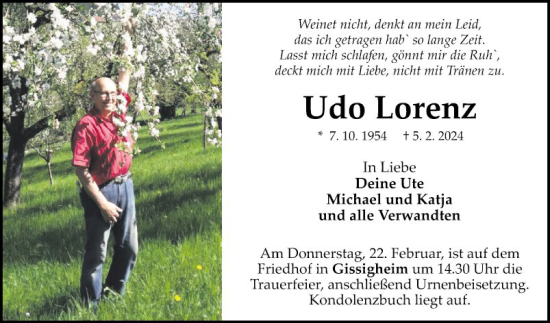 Traueranzeige von Udo Lorenz von Fränkische Nachrichten