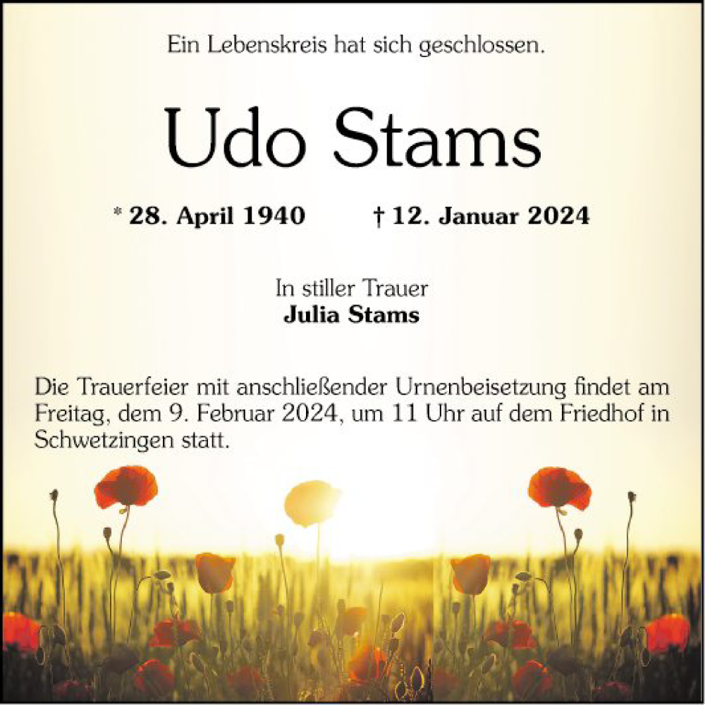  Traueranzeige für Udo Stams vom 03.02.2024 aus Schwetzinger Zeitung