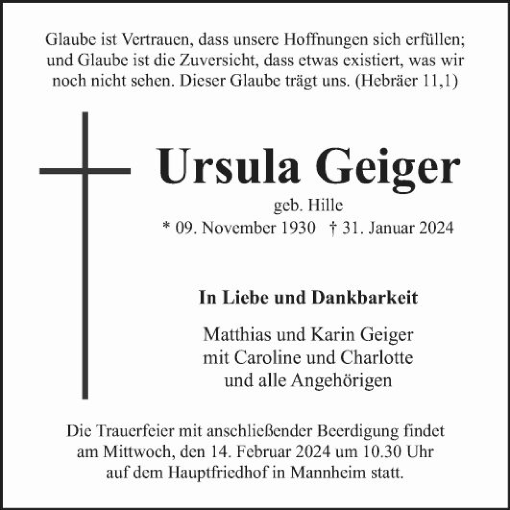  Traueranzeige für Ursula Geiger vom 10.02.2024 aus Mannheimer Morgen