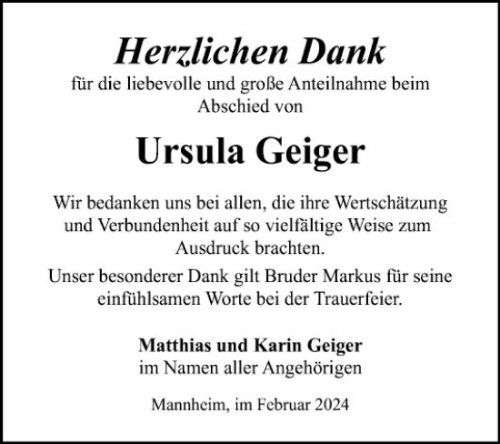 Traueranzeige von Ursula Geiger von Mannheimer Morgen
