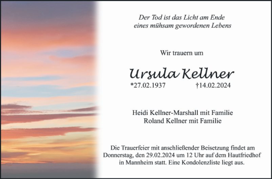 Traueranzeige von Ursula Kellner von Mannheimer Morgen