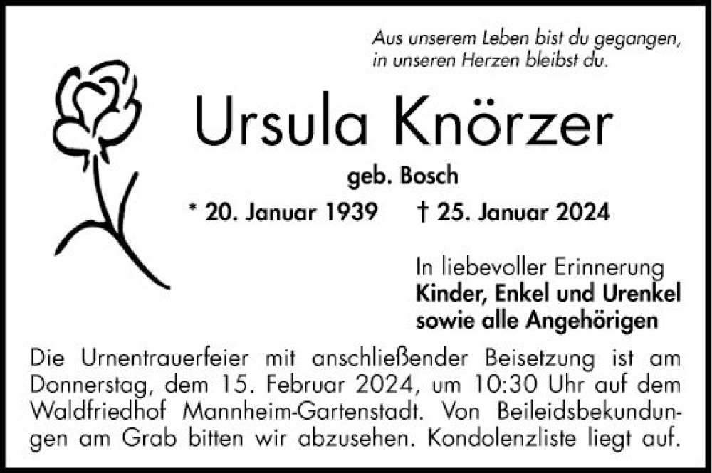  Traueranzeige für Ursula Knörzer vom 10.02.2024 aus Mannheimer Morgen