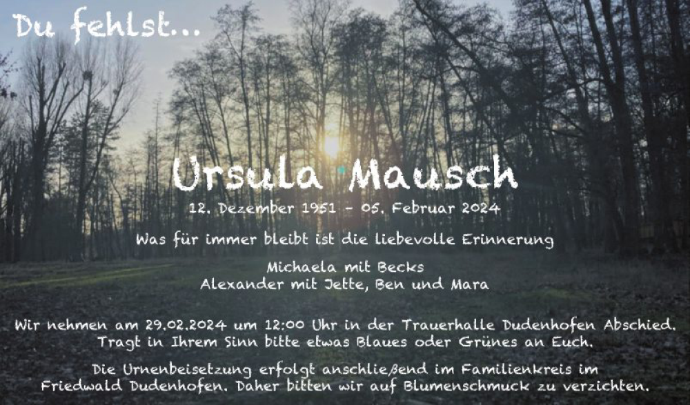  Traueranzeige für Ursula Mausch vom 17.02.2024 aus Mannheimer Morgen