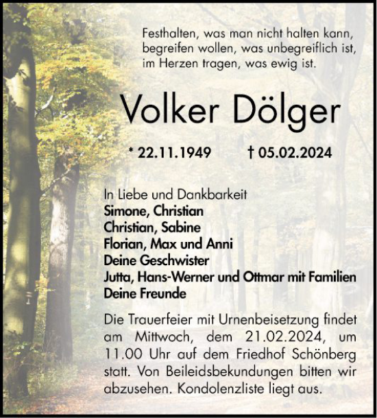 Traueranzeige von Volker Dölger von Bergsträßer Anzeiger