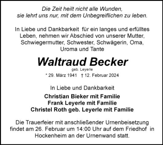 Traueranzeige von Waltraud Becker von Schwetzinger Zeitung