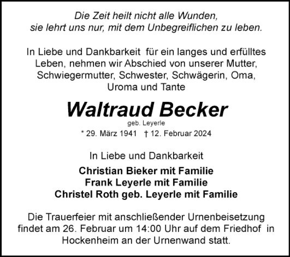  Traueranzeige für Waltraud Becker vom 21.02.2024 aus Schwetzinger Zeitung