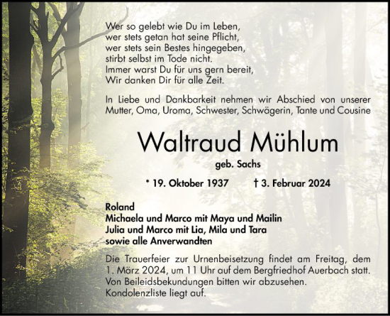 Traueranzeige von Waltraud Mühlum von Bergsträßer Anzeiger