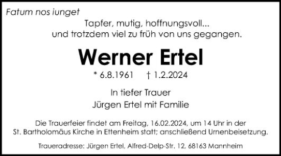 Traueranzeige von Werner Ertel von Mannheimer Morgen