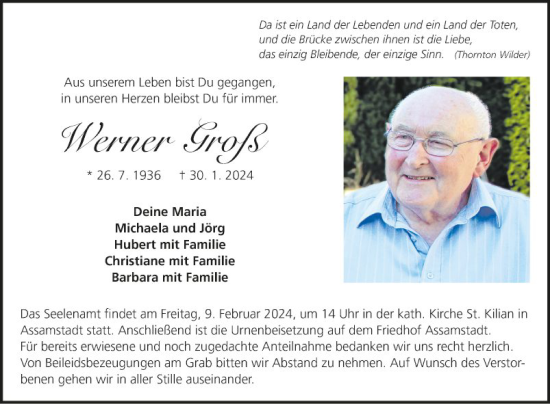 Traueranzeige von Werner Groß von Fränkische Nachrichten