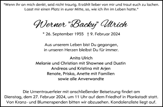 Traueranzeige von Werner Ulrich von Schwetzinger Zeitung