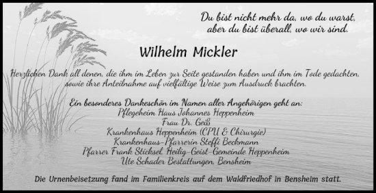 Traueranzeige von Wilhelm Mickler von Bergsträßer Anzeiger