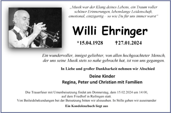 Traueranzeige von Willi Ehringer von Schwetzinger Zeitung