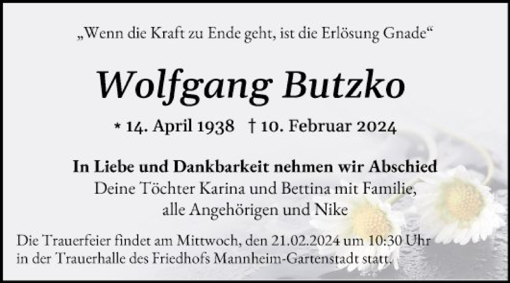  Traueranzeige für Wolfgang Butzko vom 15.02.2024 aus Mannheimer Morgen