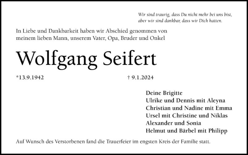  Traueranzeige für Wolfgang Seifen vom 03.02.2024 aus Mannheimer Morgen