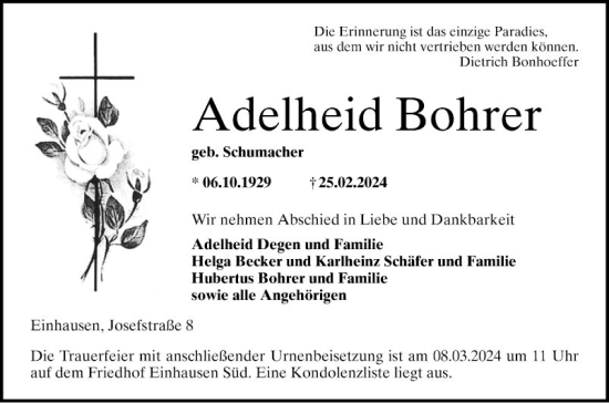 Traueranzeige von Adelheid Bohrer von Bergsträßer Anzeiger