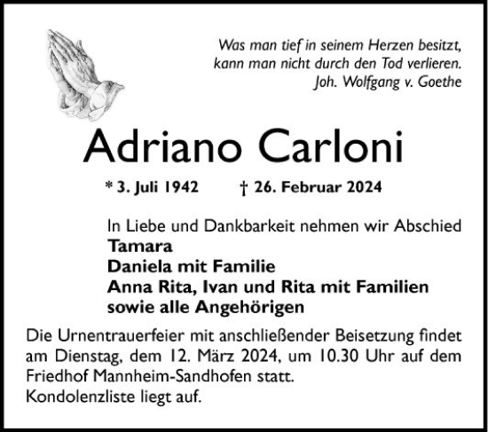 Traueranzeige von Adriano Carloni von Mannheimer Morgen