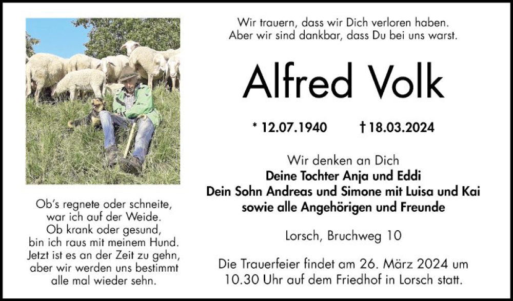  Traueranzeige für Alfred Volk vom 23.03.2024 aus Bergsträßer Anzeiger