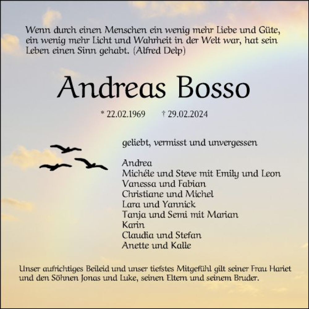  Traueranzeige für Andreas Bosso vom 09.03.2024 aus Mannheimer Morgen