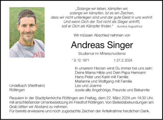Traueranzeige von Andreas Singer von Fränkische Nachrichten