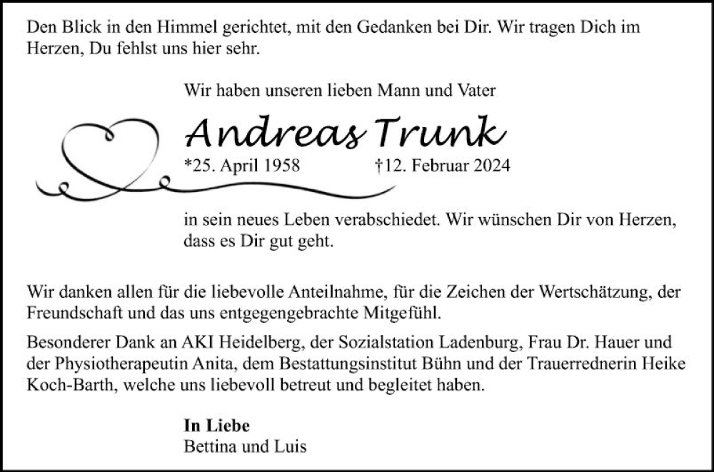  Traueranzeige für Andreas Trunk vom 16.03.2024 aus Mannheimer Morgen
