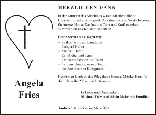 Traueranzeige von Angela Fries von Fränkische Nachrichten