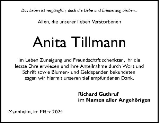 Traueranzeige von Anita Tillmann von Mannheimer Morgen