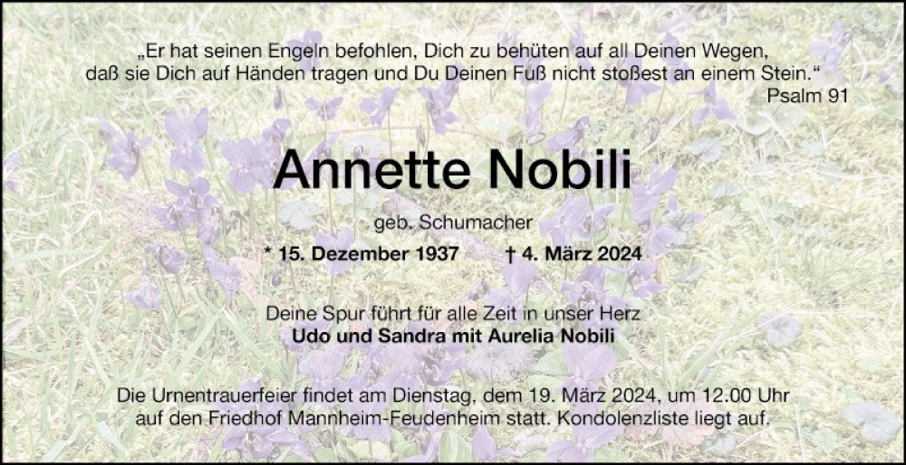  Traueranzeige für Annette Nobili vom 09.03.2024 aus Mannheimer Morgen