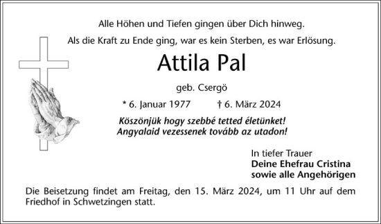 Traueranzeige von Attila Pal von Schwetzinger Zeitung