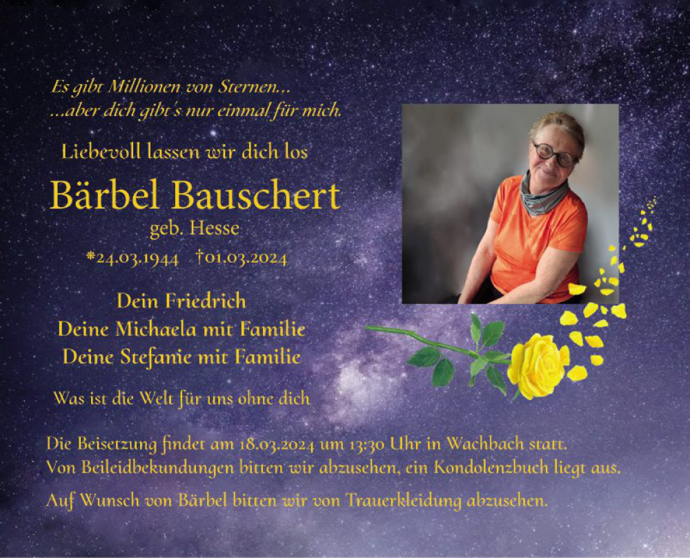  Traueranzeige für Bärbel Bauschert vom 13.03.2024 aus Fränkische Nachrichten