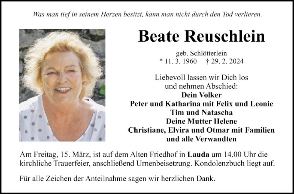  Traueranzeige für Beate Reuschlein vom 11.03.2024 aus Fränkische Nachrichten