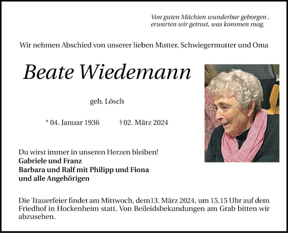  Traueranzeige für Beate Wiedemann vom 09.03.2024 aus Schwetzinger Zeitung