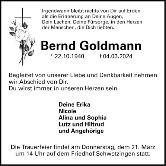 Traueranzeige von Bernd Goldmann von Schwetzinger Zeitung